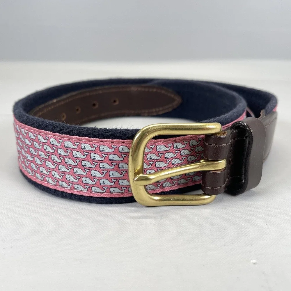 Vineyard Vines Belt Mens 28 Navy Pink White Whale Ribbon Solid Brass Buckle -USA